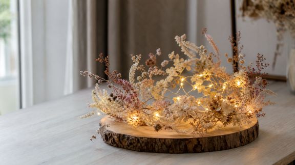 Réaliser un centre de table lumineux avec guirlandes LED et fleurs séchées